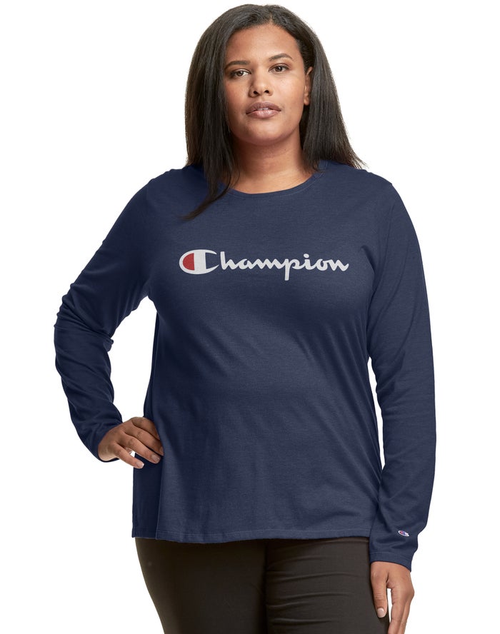 Champion Plus Classic Long-Sleeve Script Logo - Naisten Laivastonsininen T-Paita - Suomi 3218067-MH